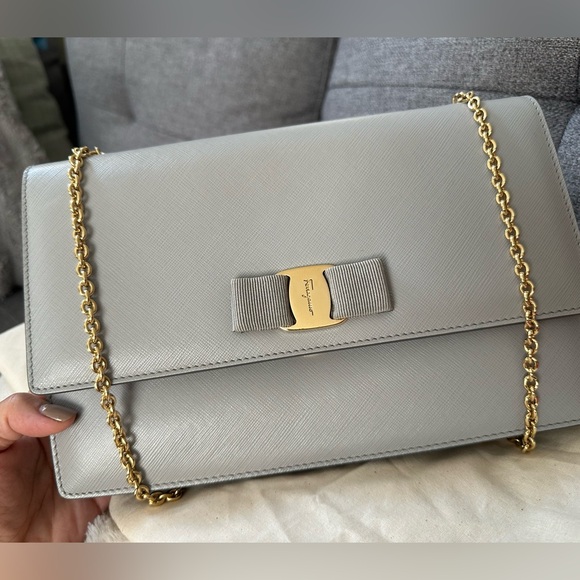 Salvatore Ferragamo Handbags - Salvatore Ferragamo Ginny Chain Bag Calfskin Leather Gold Hardware Light Gray